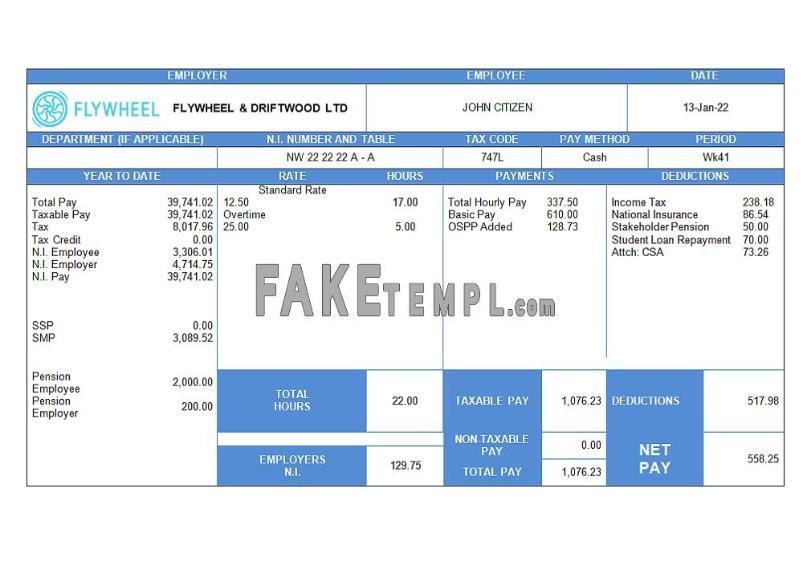 United Kingdom flywheel & driftwood company fake employee sheet  Word and PDF template